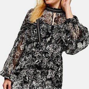 Topshop Black/White Floral Print Cutout Long Sleeve Mini Dress Size 6 "NEW"